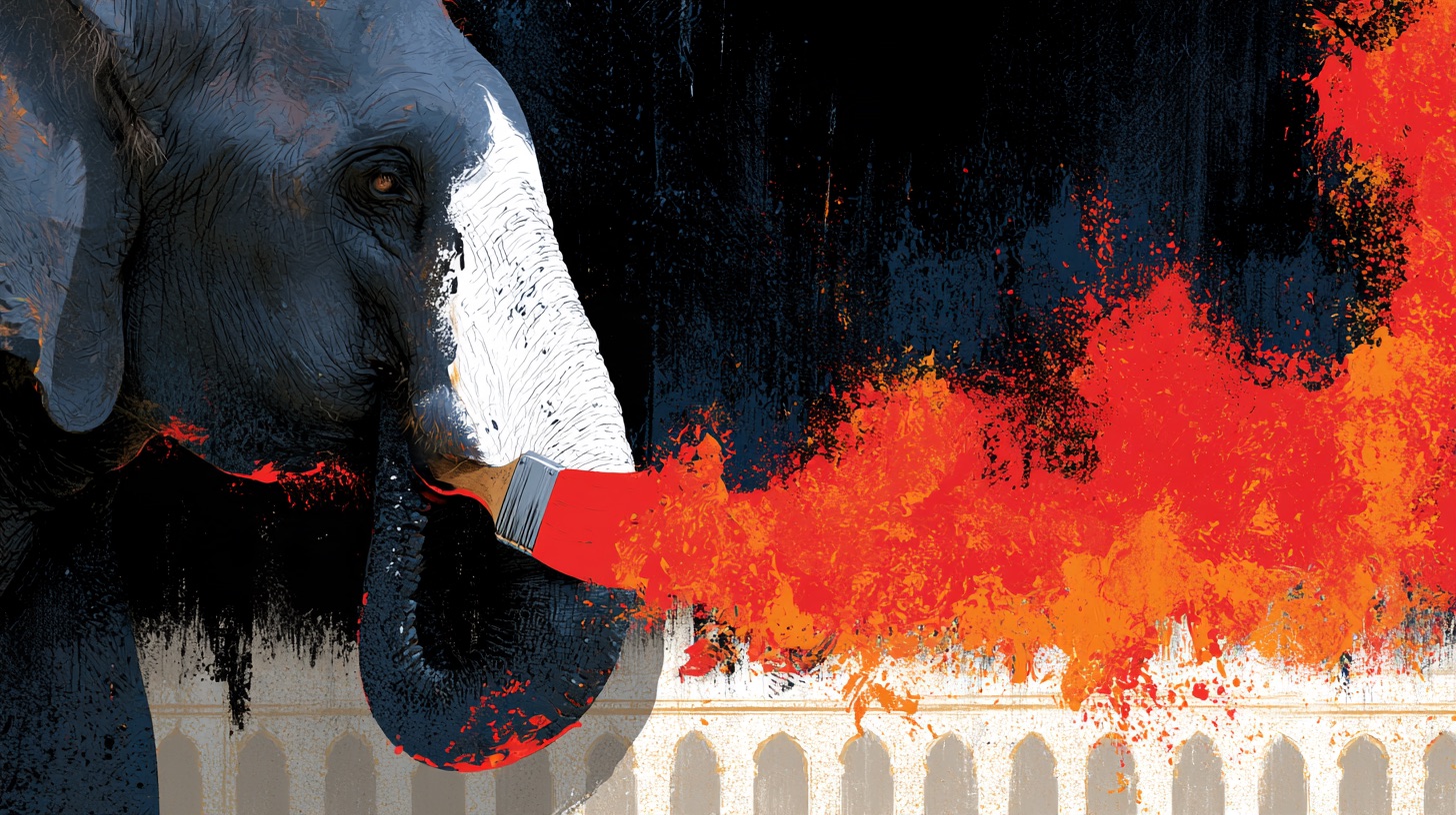 Un elefante sujeta con la trompa un pincel y extiende una mancha de pintura roja y naranja sobre un fondo negro, delante de una arcada blanca.