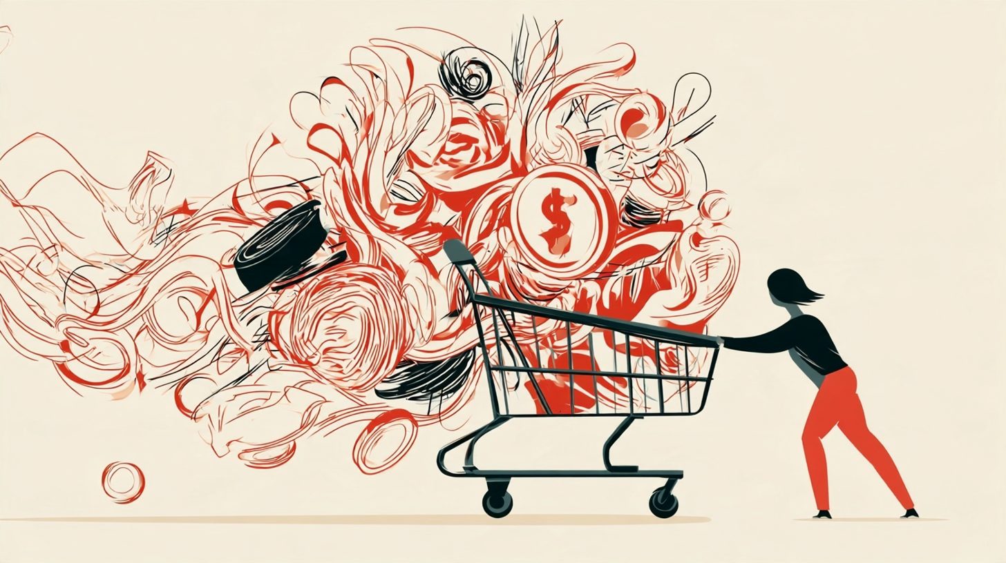 Ilustración de trazo suelto sobre fondo crema: una mujer de pantalón rojo empuja inclinada un carrito de la compra del que desborda una maraña enorme de garabatos rojos y negros, con una moneda grande asomando entre ellos.