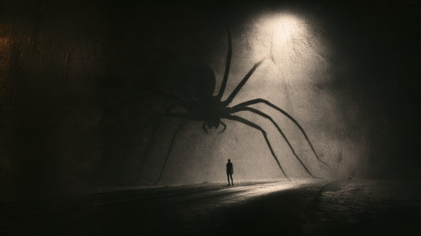 Una figura humana diminuta, de pie en un camino de noche, bajo la sombra enorme de una araña proyectada en un muro por una sola luz.