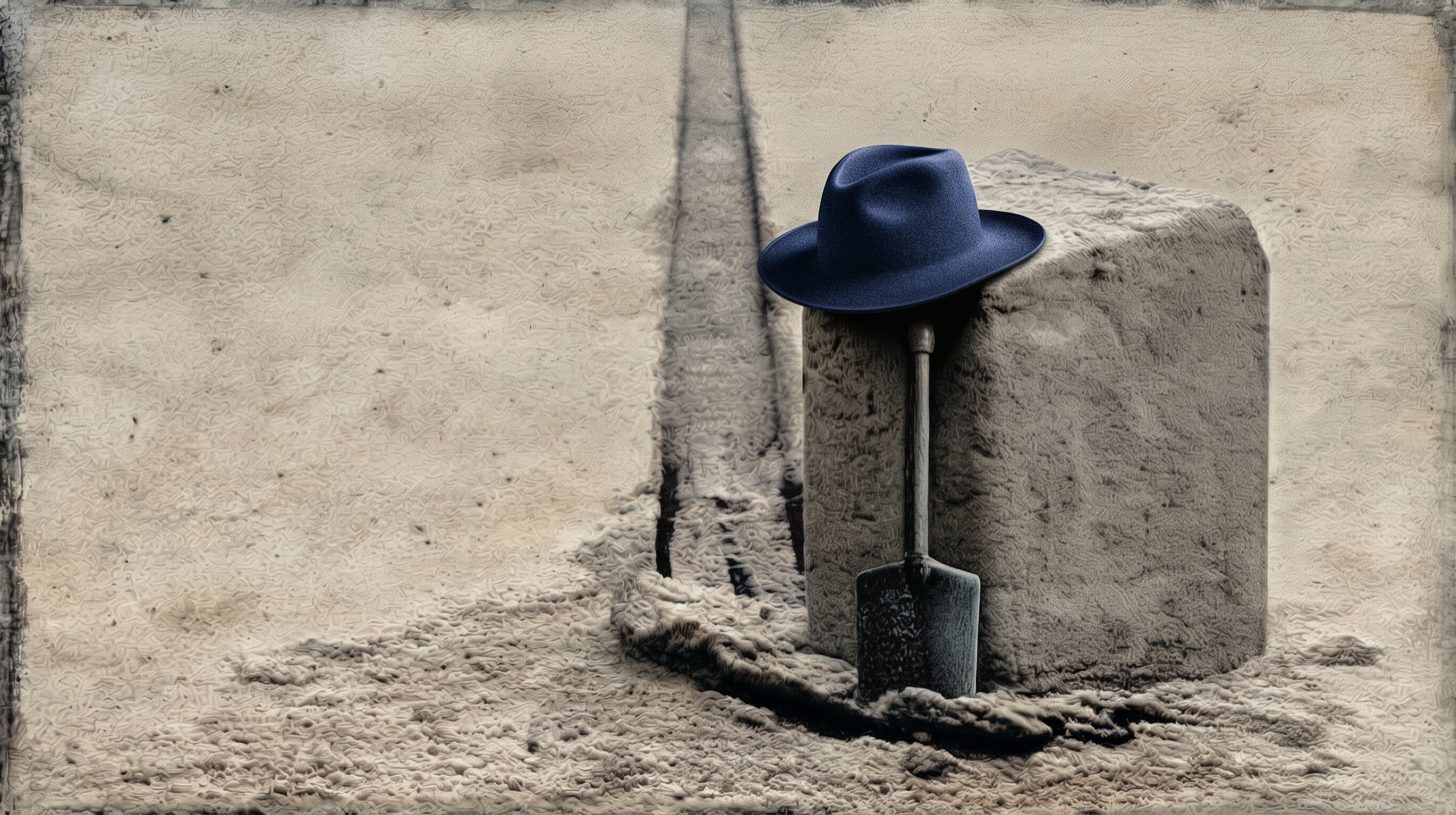 Un sombrero azul de ala ancha sobre un bloque de piedra, con una pala apoyada en él, junto a un surco hondo y recto que cruza la arena hasta el horizonte.