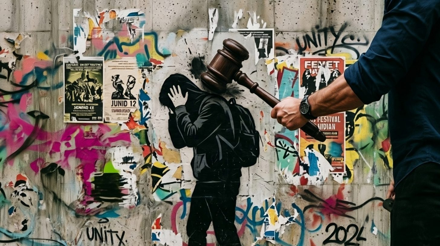 Muro de hormigón con carteles rotos y grafitis: una figura estarcida en negro se cubre la cabeza mientras un brazo real, que entra por la derecha, sostiene un mazo de juez sobre ella.