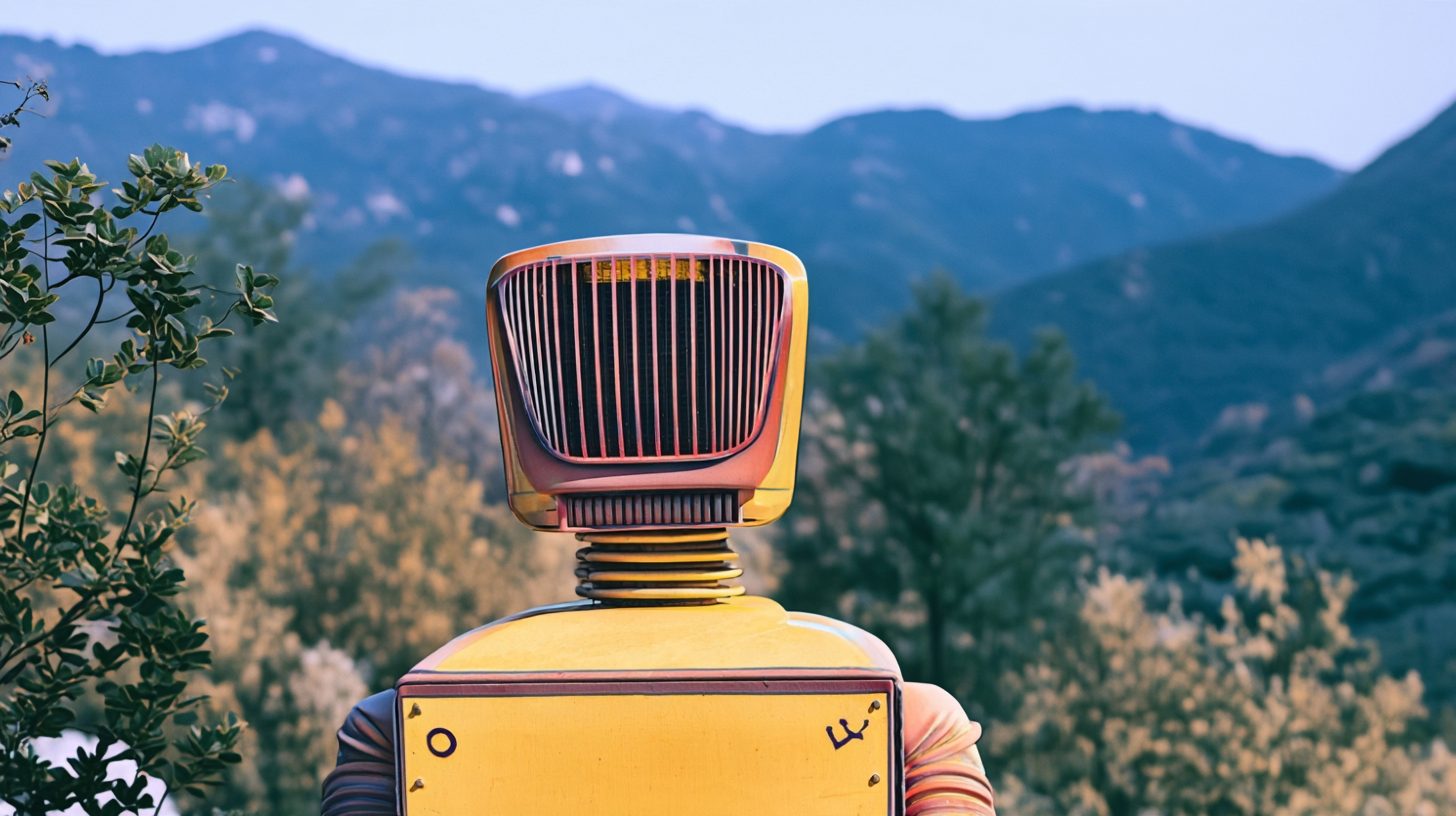 Un robot amarillo de cabeza retro, visto de espaldas, mira un valle de montañas y árboles en flor.