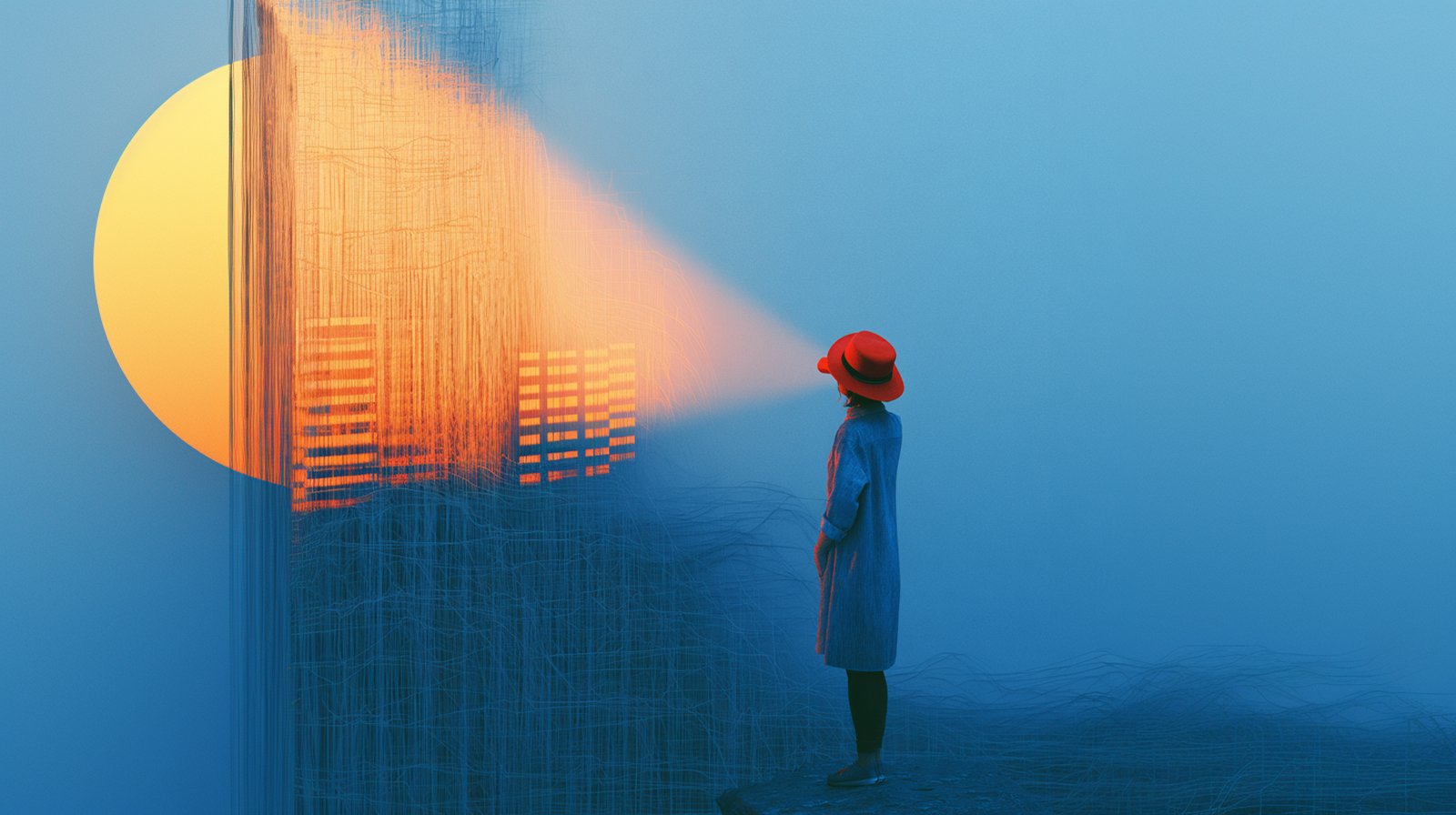 Esférica: una figura ilumina con una linterna una ciudad de datos en la niebla.