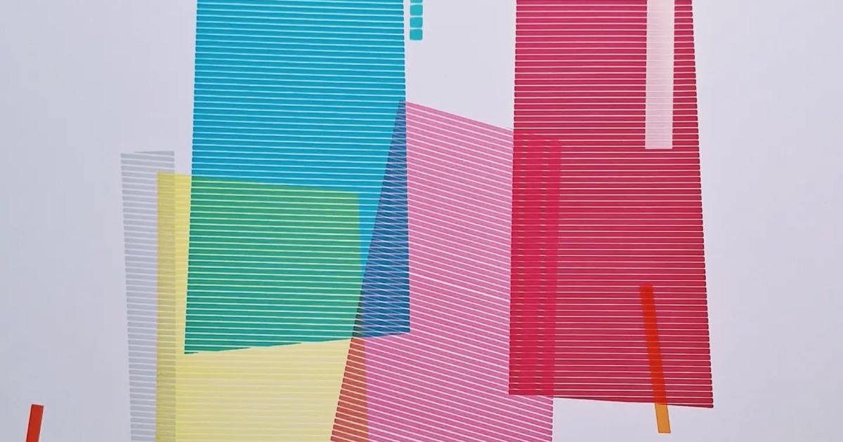 Planos de color hechos de rayas finas que se cruzan y se transparentan unas sobre otras.
