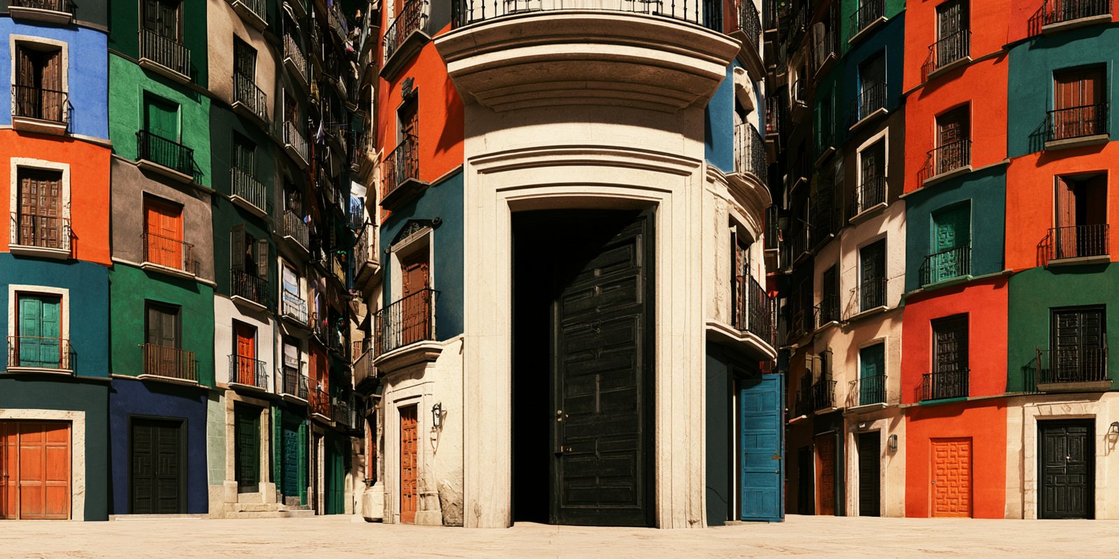 NAOS: una plaza de puertas de colores con una gran puerta abierta en el centro.