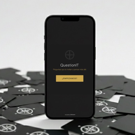QUESTIONit: la webapp de preguntas, vista en un móvil sobre tarjetas con la rosa de los vientos.
