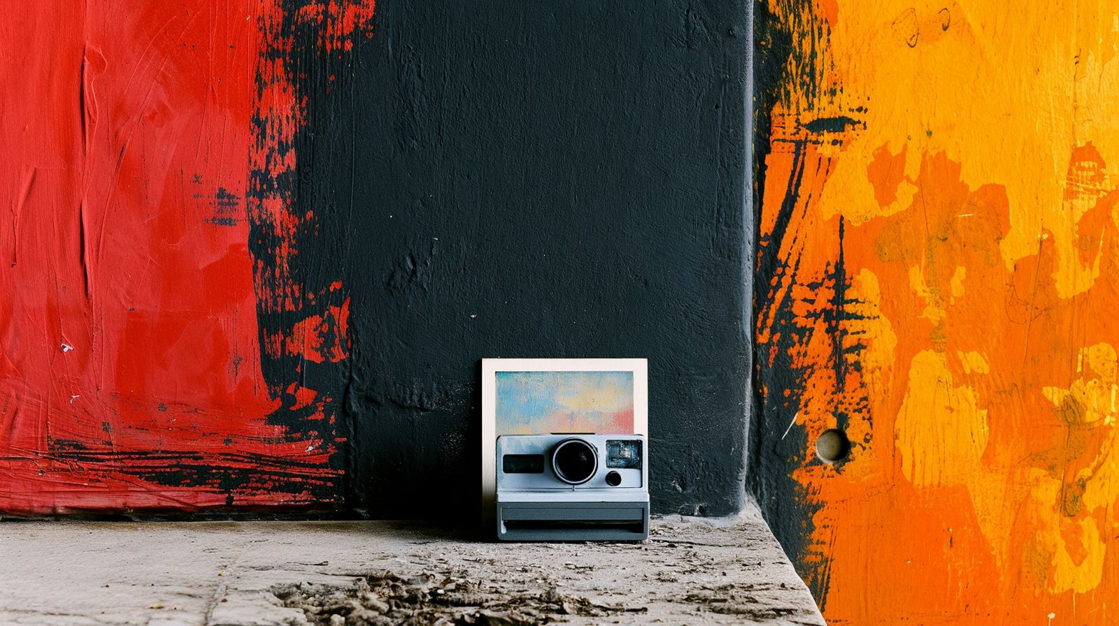 Si_Me: una cámara Polaroid apoyada en un muro, marco a la espera de imagen.